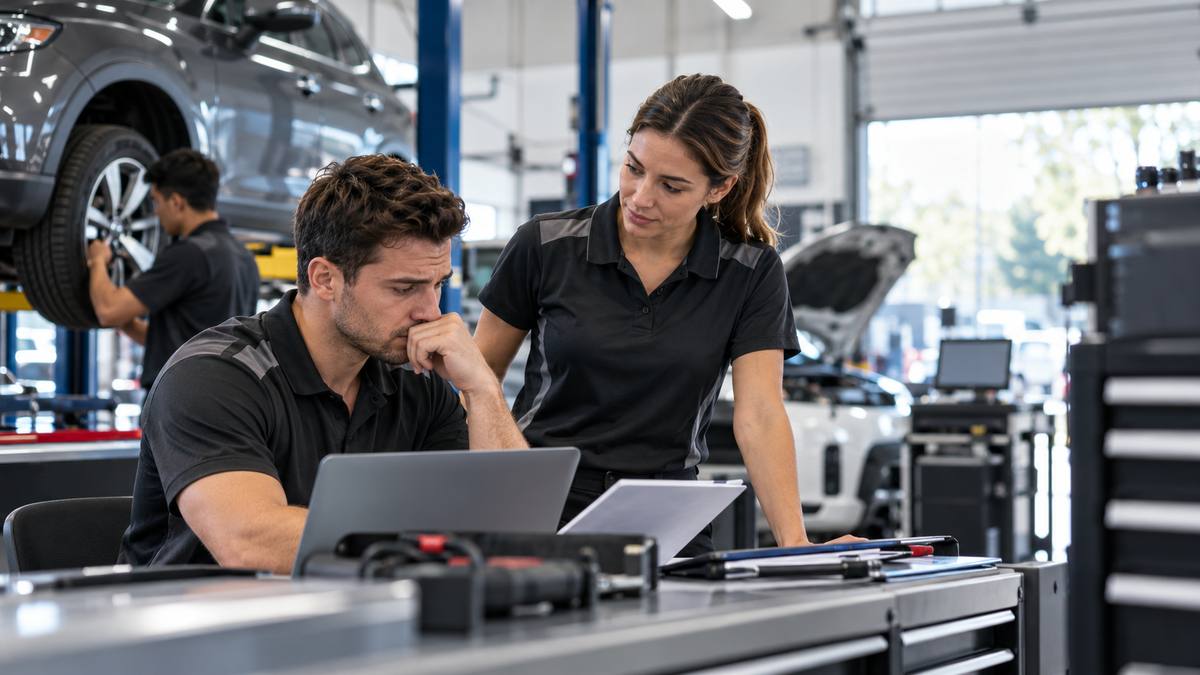 Automotive technicians discussing workplace psychosocial risks in a modern workshop